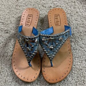 Women's BARBO Blue Leather SILVER Embellished THONG Beach SANDALS Italy  11